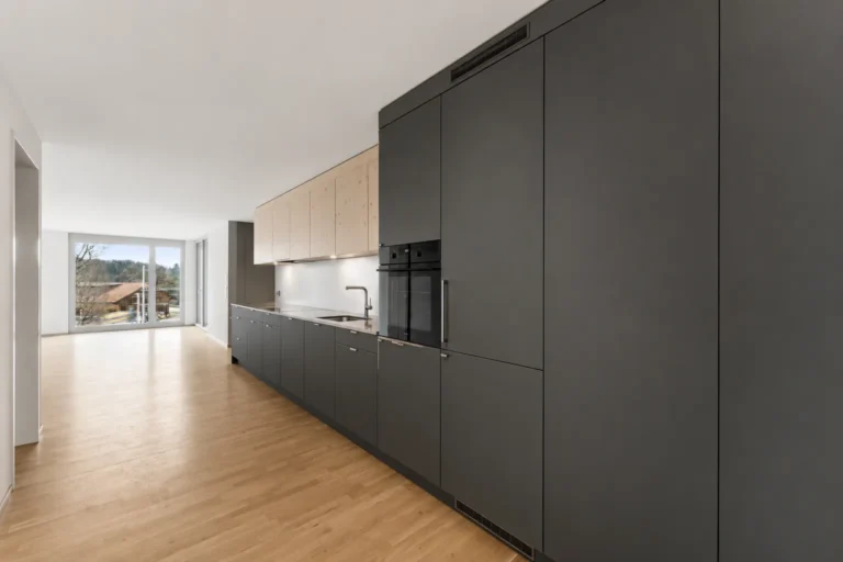 Cuisine ouverte sur le séjour, linéaire de meubles anthracite mat avec colonnes toute hauteur, meubles hauts en bois clair, baie vitrée au fond