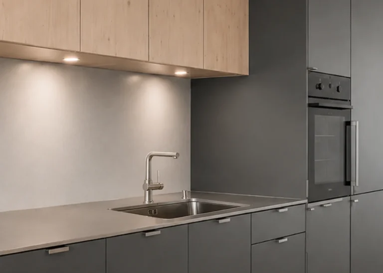 Meubles hauts de cuisine en bois clair éclairés par-dessous, meubles bas anthracite, plan de travail gris avec évier et mitigeur, four encastré
