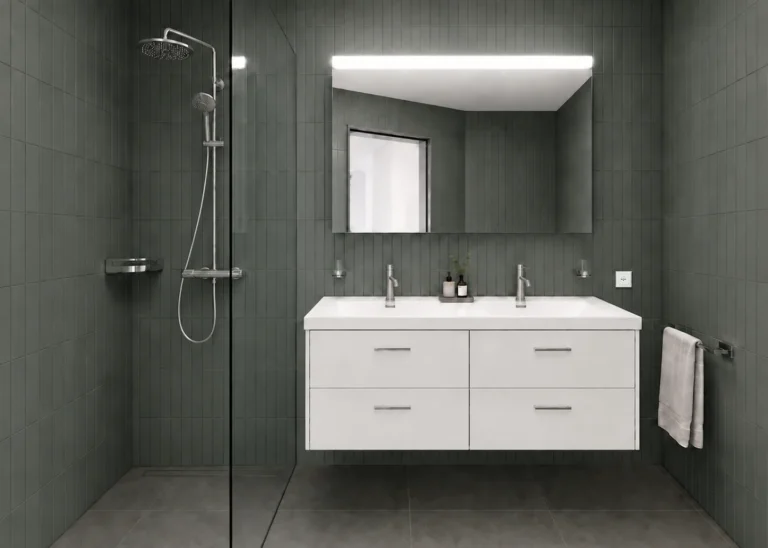 Salle de bain avec douche à l’italienne fermée par une paroi de verre, colonne de douche, sol et murs en carrelage vert foncé