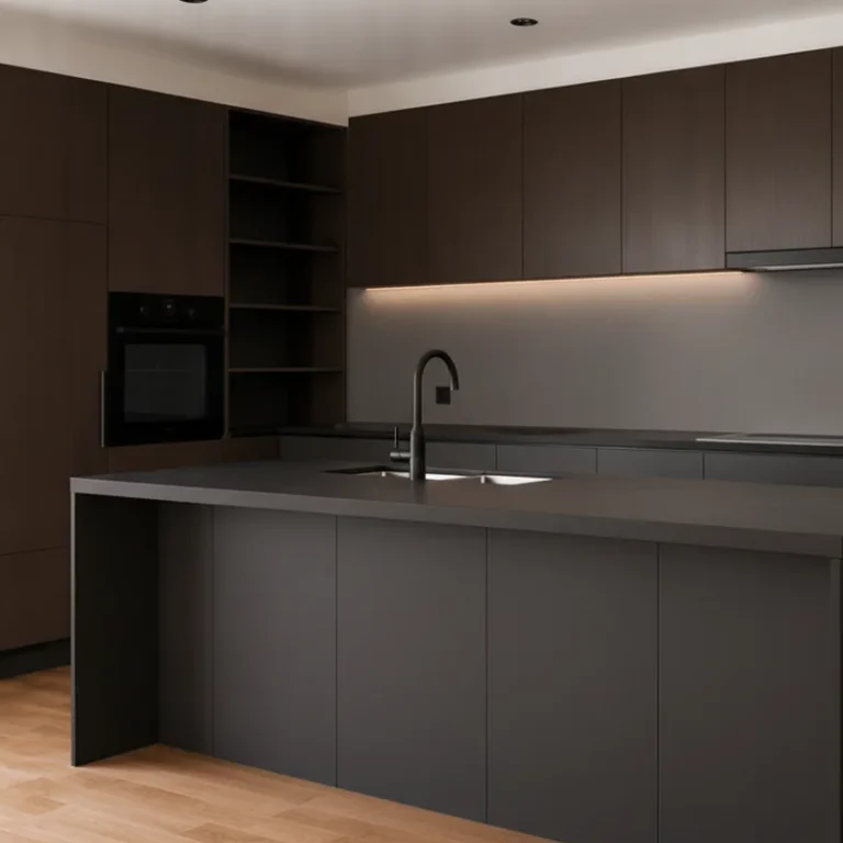 Cuisine en noyer sombre avec îlot central anthracite, éclairage sous les meubles hauts, four encastré en colonne, niches ouvertes, parquet clair