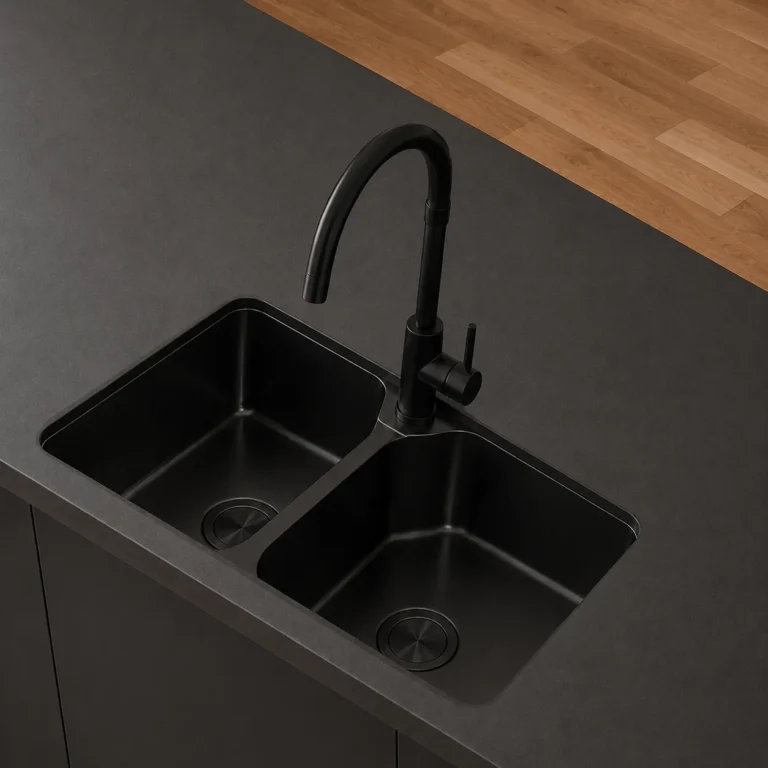 Double évier en inox noir encastré dans un plan anthracite, robinet col de cygne noir mat, plan de travail en bois clair à l’arrière