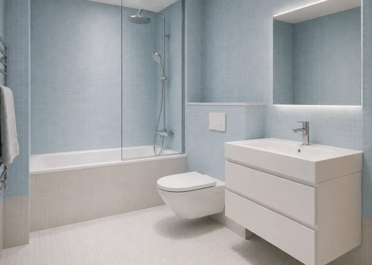 Salle de bain à la mosaïque bleu ciel, baignoire fermée par une paroi de verre, WC suspendu, meuble suspendu blanc à tiroirs