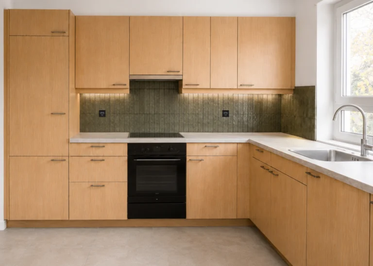 Cuisine en U aux façades en chêne clair, crédence en zellige vert olive, plaque à induction, four noir encastré, évier sous la fenêtre