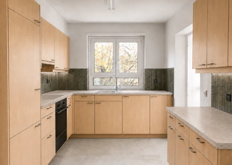 Vue d’ensemble d’une cuisine en U depuis l’entrée de la pièce, fenêtre conservée au centre, retour de plan de travail à droite