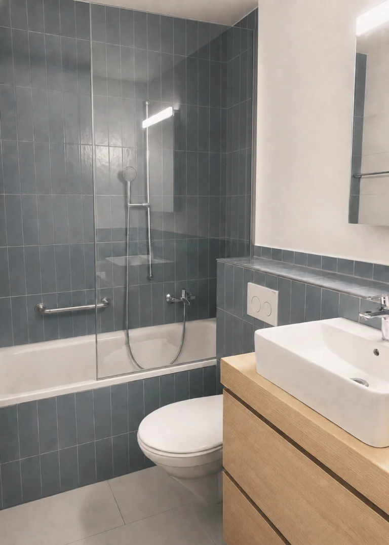 Salle de bain au zellige gris-bleu foncé, baignoire, WC suspendu, meuble suspendu en bois clair avec vasque blanche