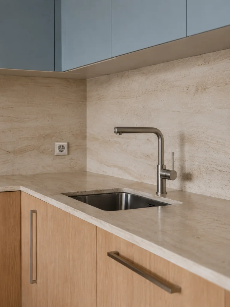 Plan de travail en travertin avec évier inox sous plan et mitigeur inox, crédence toute hauteur, façades en bois clair, meubles hauts bleus