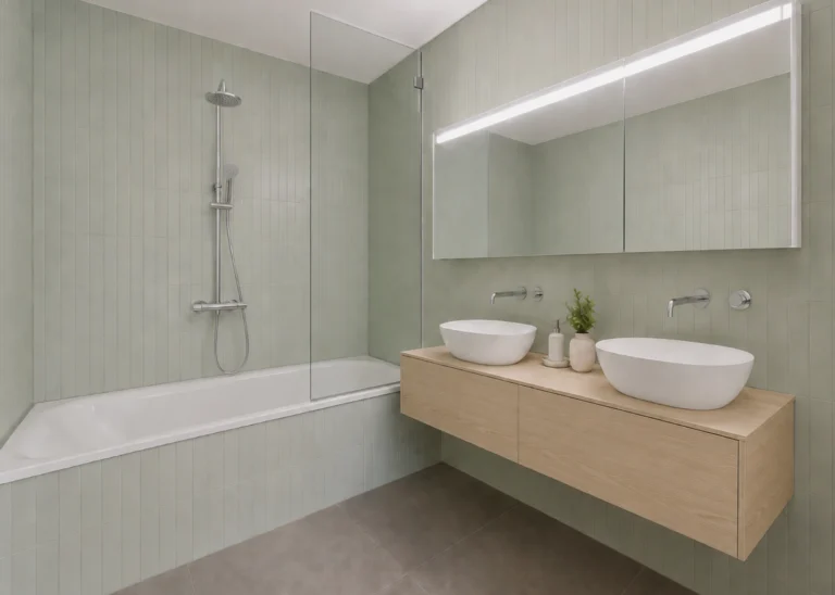Salle de bain au carrelage vert sauge, baignoire, meuble suspendu en bois clair avec deux vasques à poser blanches, grand miroir à bandeau lumineux