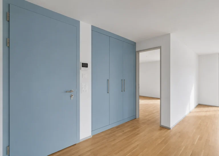 Entrée avec portes et armoires encastrées bleues toute hauteur, murs blancs, parquet clair, ouverture sur une pièce au fond
