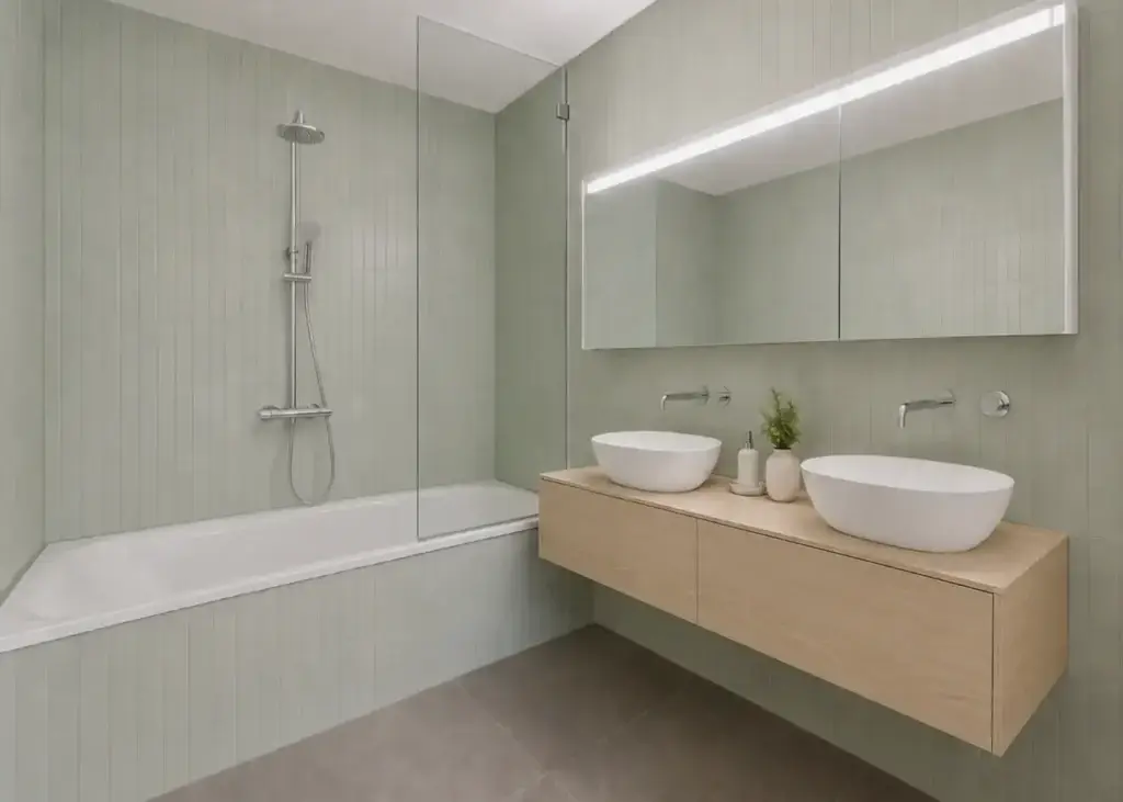Salle de bain au carrelage vert sauge vertical avec meuble en chêne et deux vasques à poser