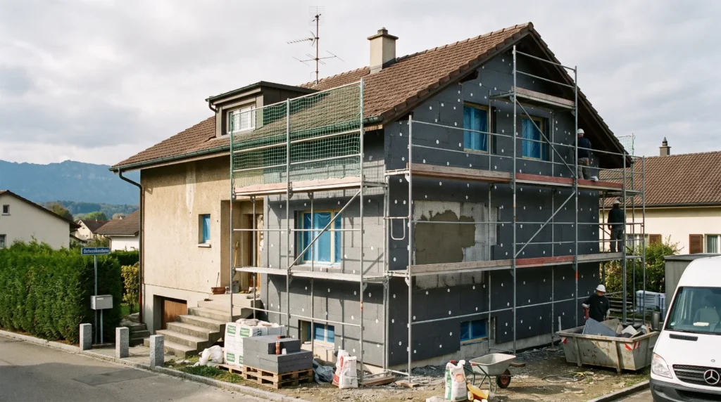 Chantier d’isolation périphérique d’une maison individuelle : échafaudage monté, panneaux isolants chevillés sur la façade, un pan encore en crépi d’origine.