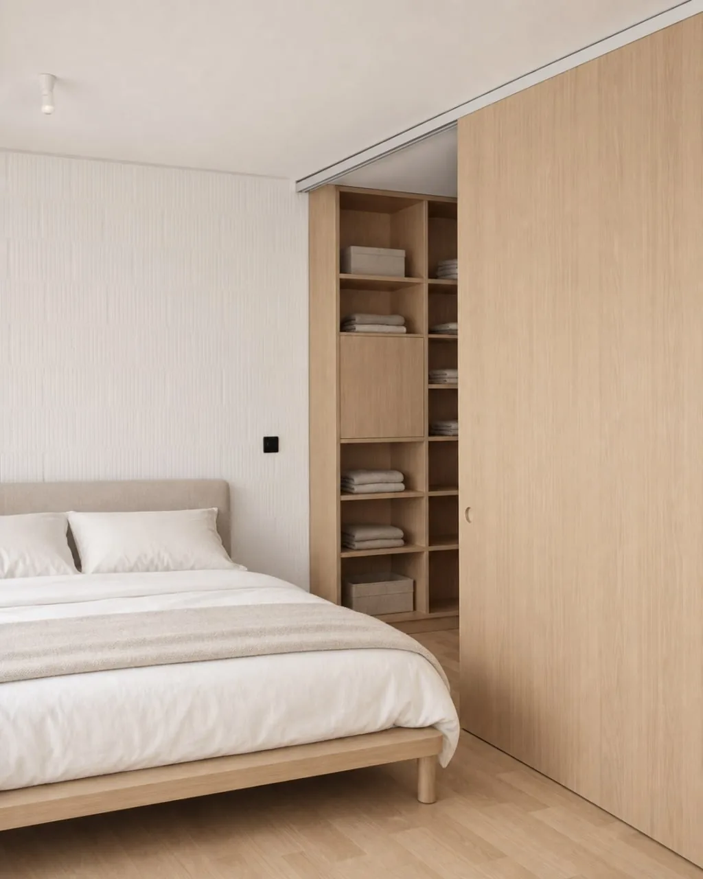 Chambre avec dressing en bois clair à portes coulissantes et sol en parquet