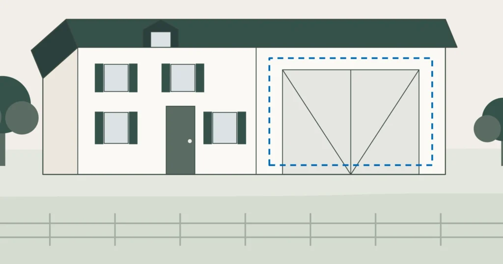 Illustration d’une ferme avec grange attenante en zone agricole, extension possible esquissée en pointillé dans le volume de la grange