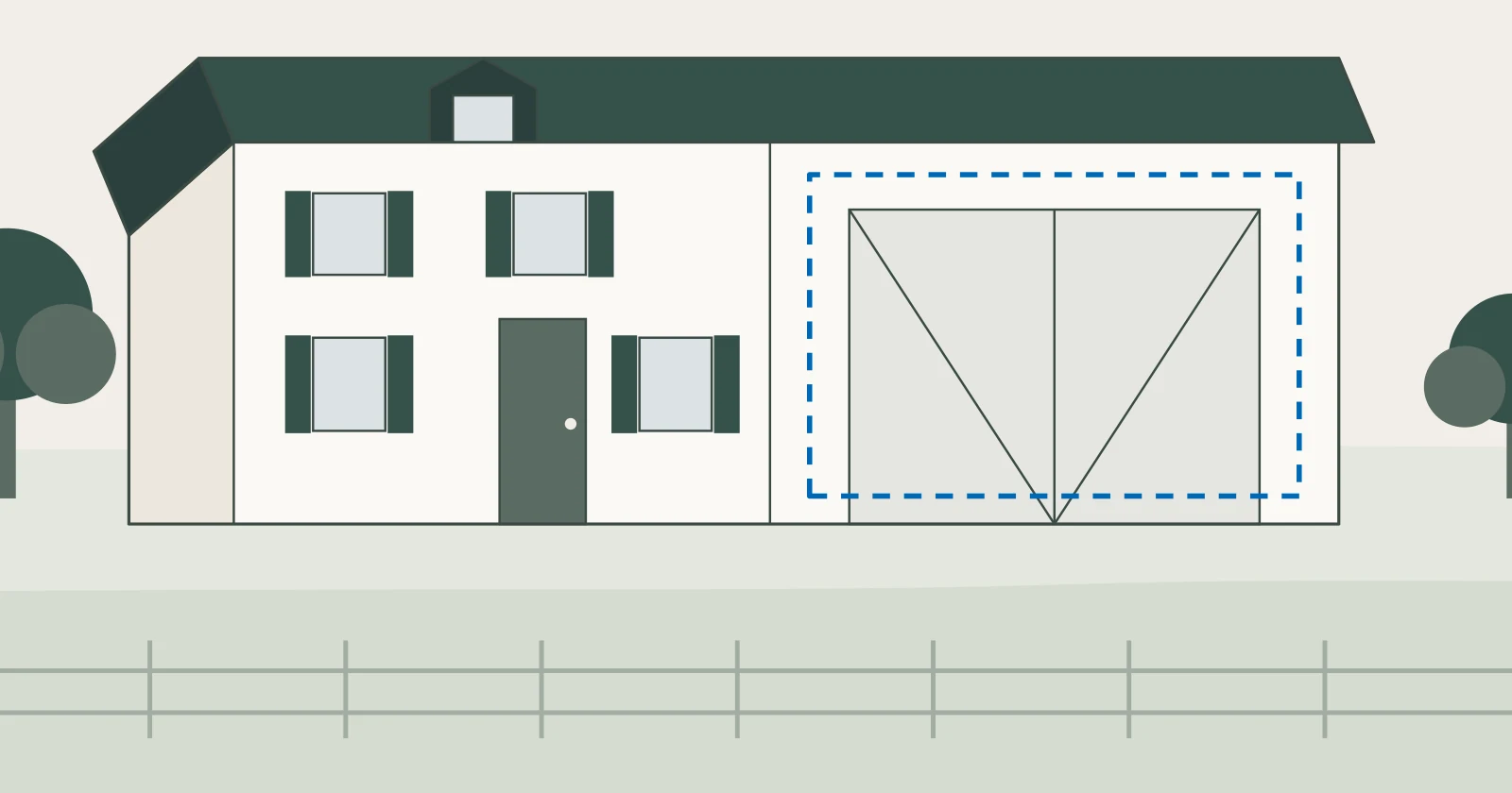 Illustration d’une ferme avec grange attenante en zone agricole, extension possible esquissée en pointillé dans le volume de la grange