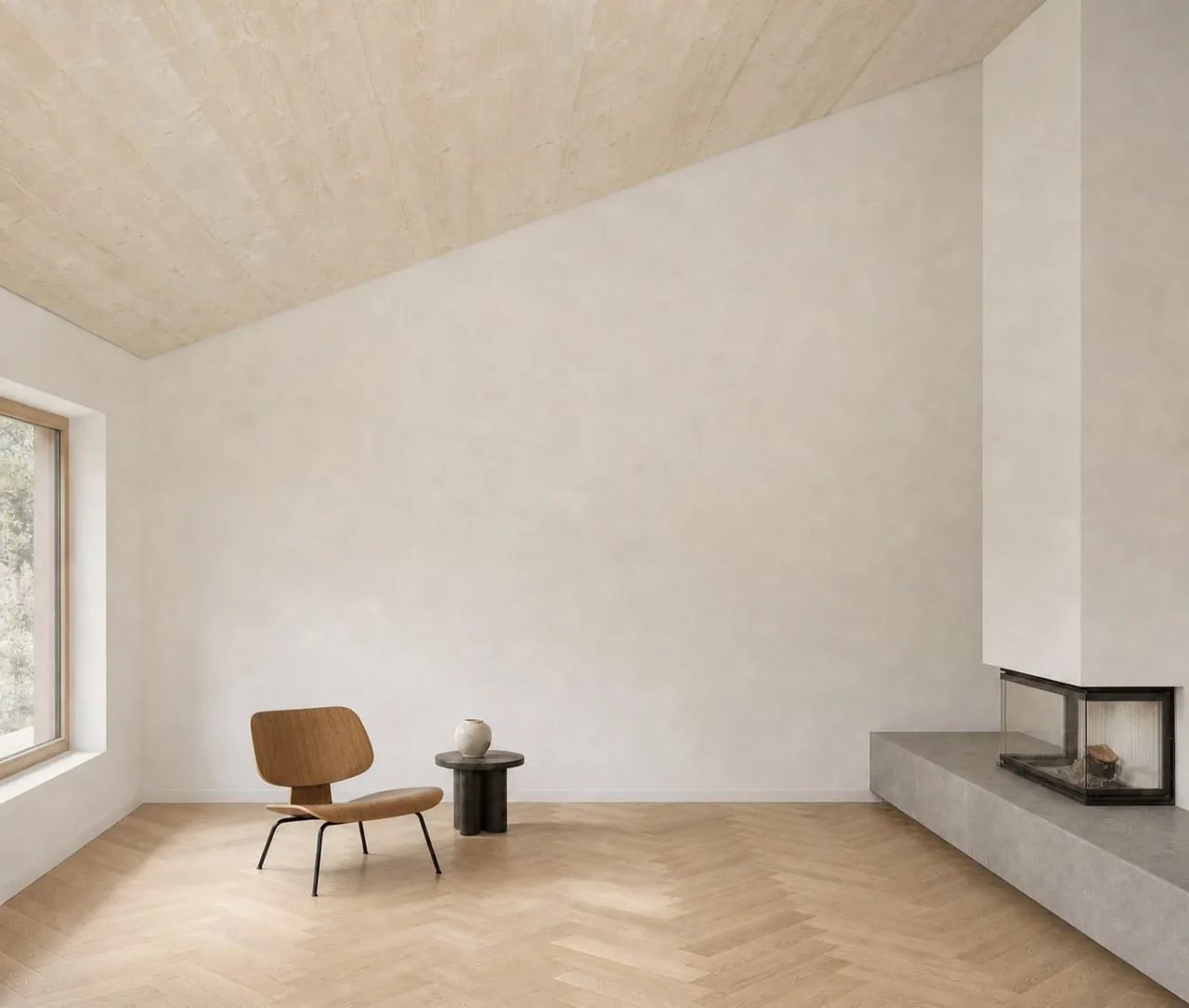 Pièce sous pente avec parquet à chevrons, murs clairs et poêle encastré