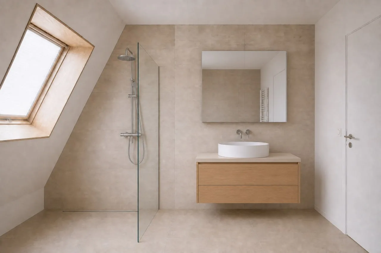 Salle de bain sous velux, douche à l’italienne et meuble vasque en bois