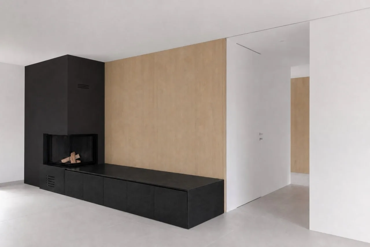 Séjour épuré avec cheminée noire linéaire et panneau mural en bois clair