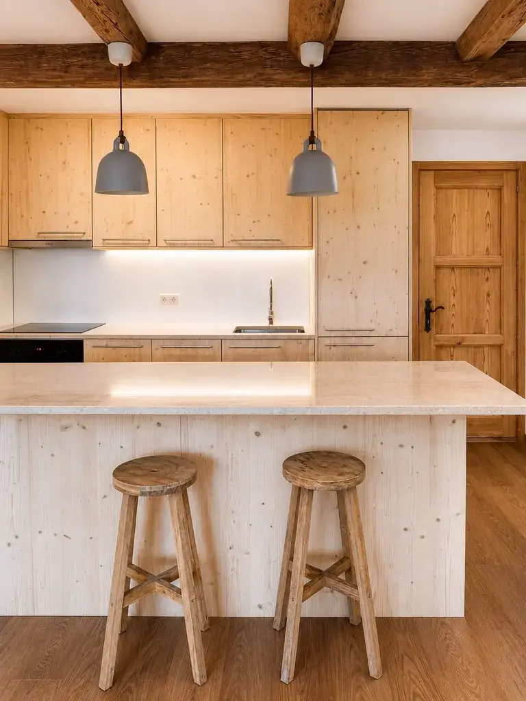 Cuisine avec îlot en quartz et tabourets, appartement rénové à Verbier