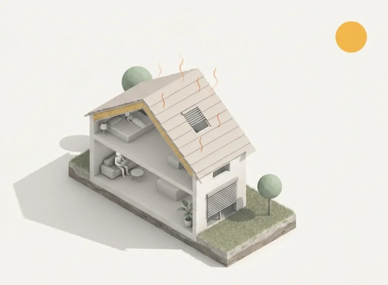 Axonométrie d'une maison coupée en été : stores extérieurs baissés côté soleil, isolant en fibre de bois sous la toiture, pièces restées fraîches