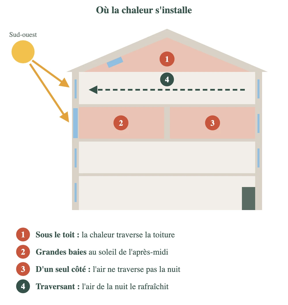 Où la chaleur s'installe : sous le toit, derrière de grandes baies, dans les logements d'un seul côté